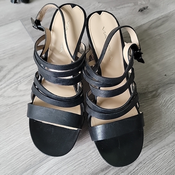 VIA SPIGA Black leather wedge sandals with red and yellow stripes Size 7,5 - Picture 2 of 7